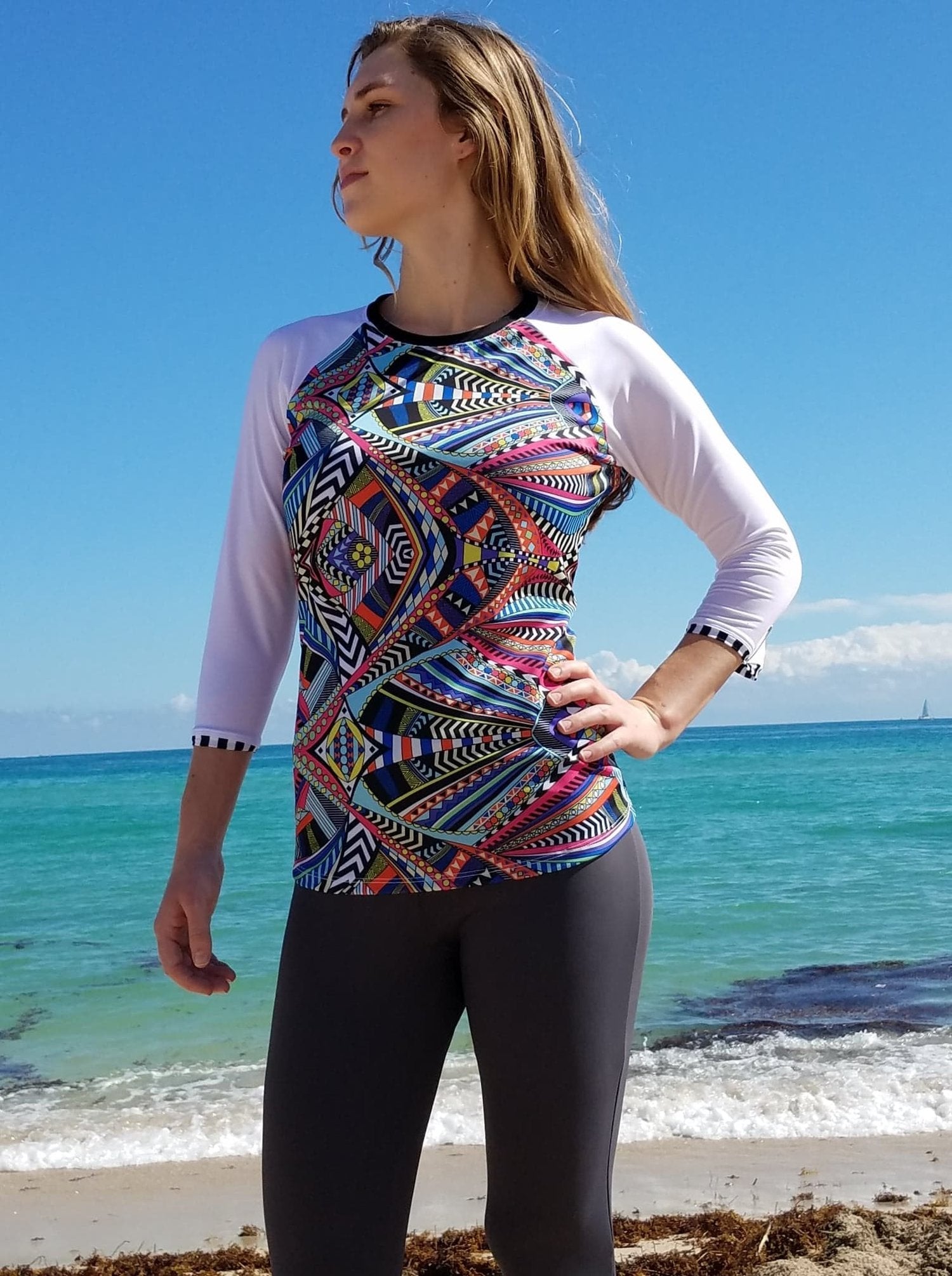 Women's modest long sleeve swim top in colorful print.