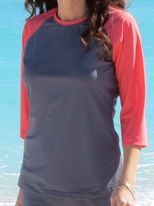 Women's modest swim top solid gray with coral long sleeves