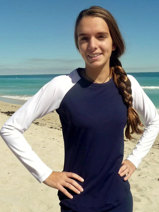 Women's modest swim top in solid navy with white sleeves.