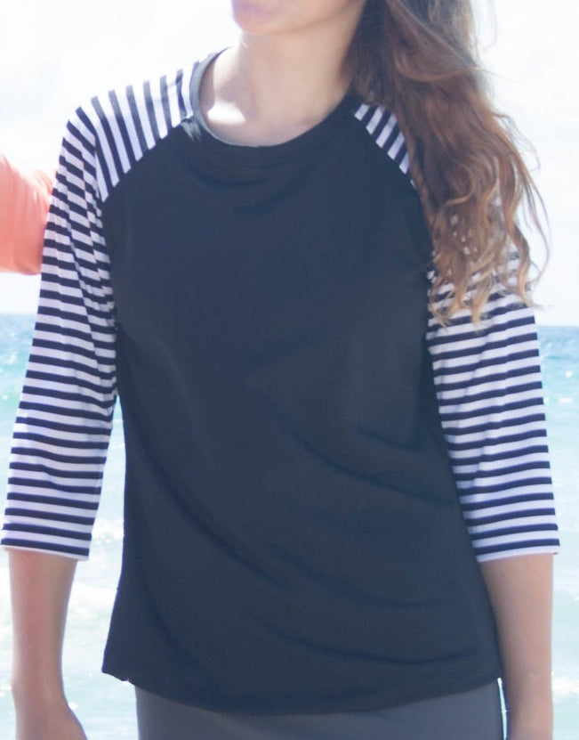 Women's modest swim top in 3/4 sleeve length.
