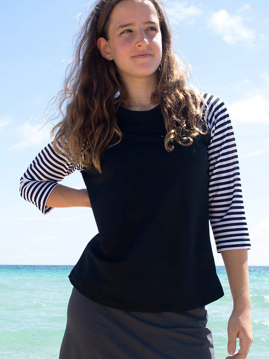 Women's modest swim top in 3/4 sleeve length.