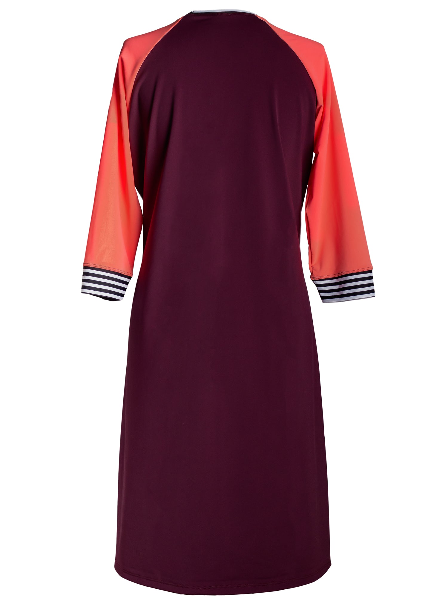 Women's modest swim dress with long sleeves in solid purple and pink long sleeves.