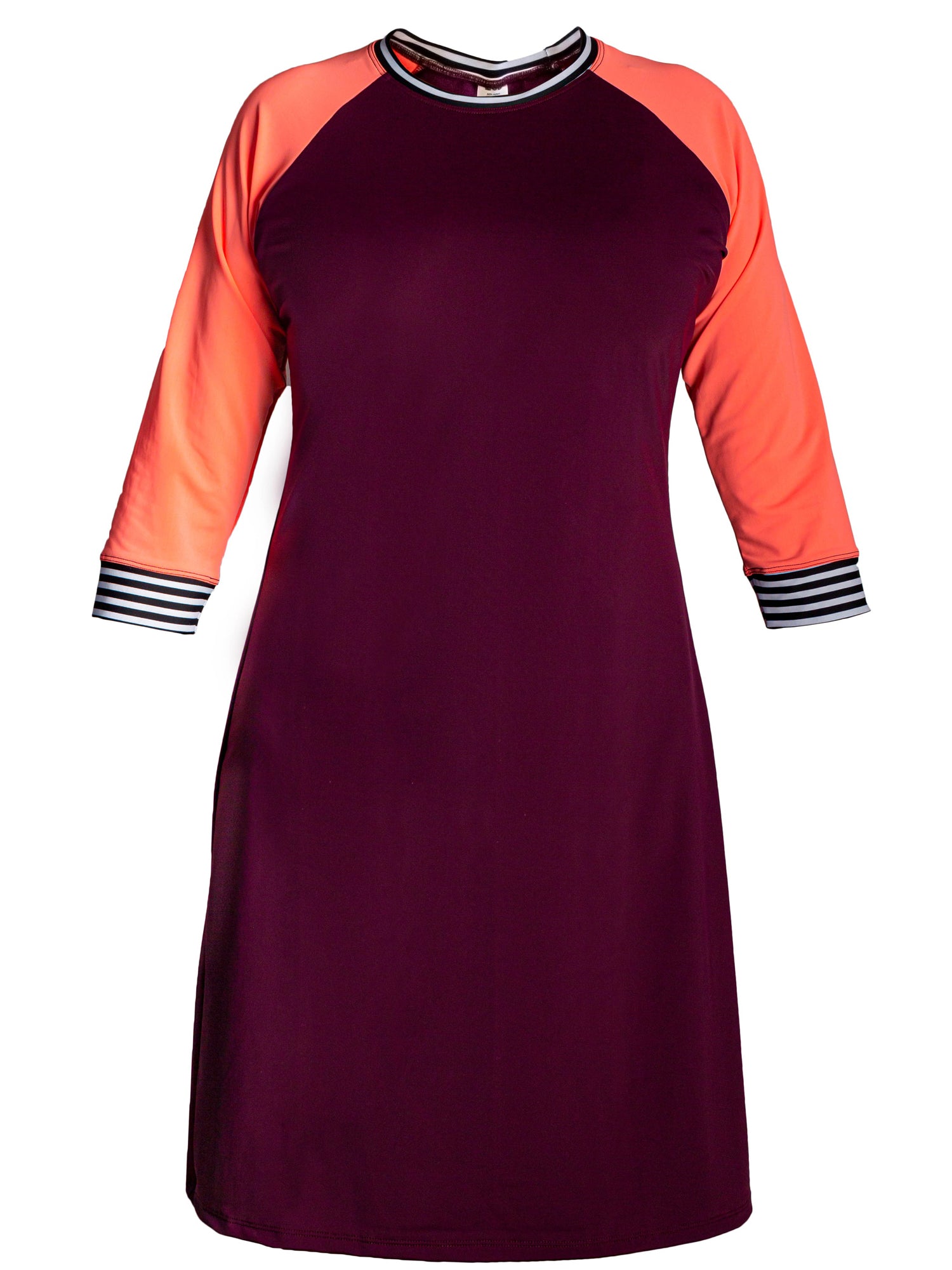 Women's modest swim dress with long sleeves in solid purple and pink long sleeves.