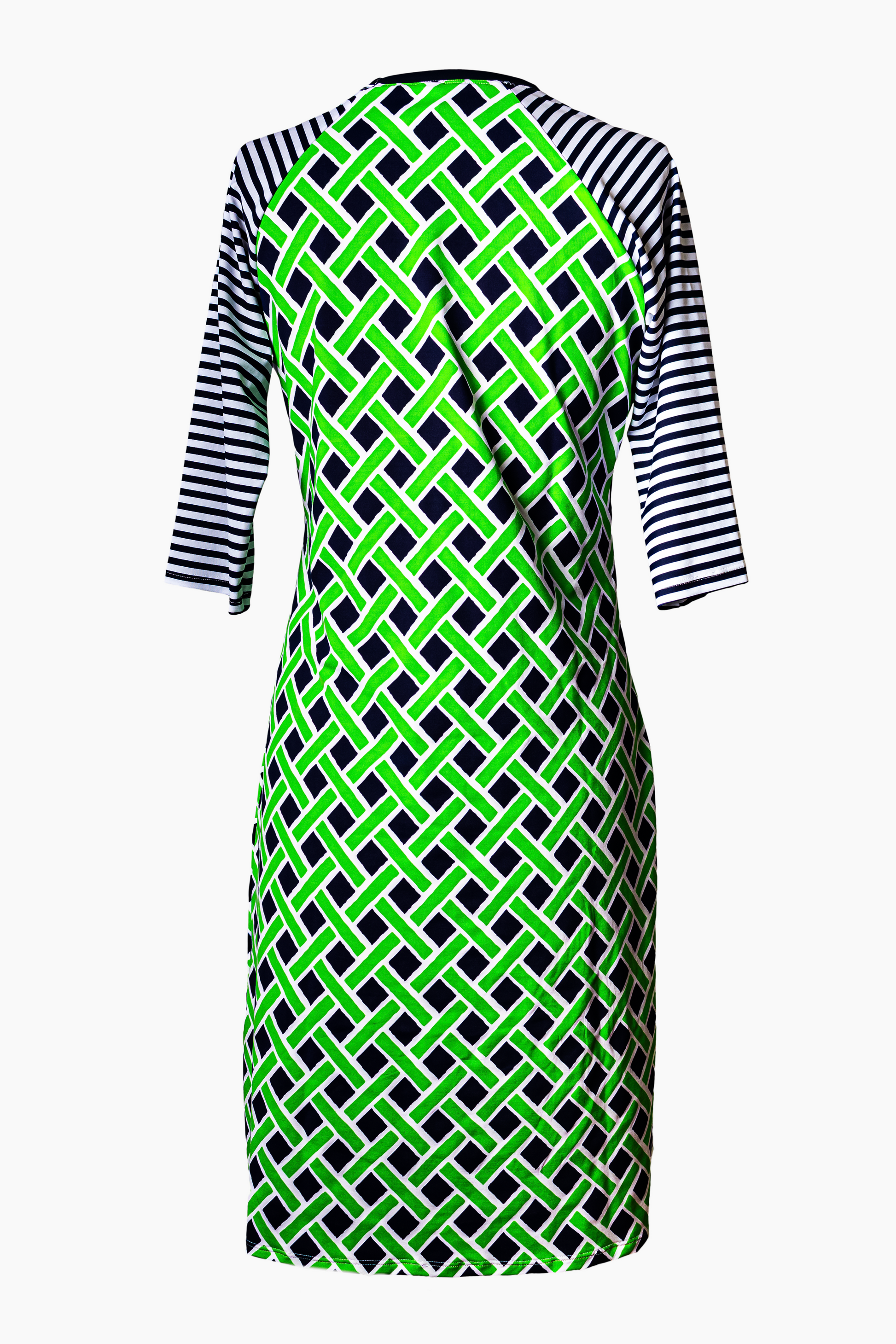 back view of womans modest swimdress in neon green and navy blue print with 3/4 inch sleeves