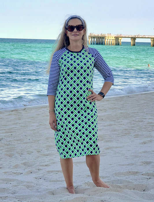 womans modest swimdress in neon green and navy blue print with 3/4 inch sleeves