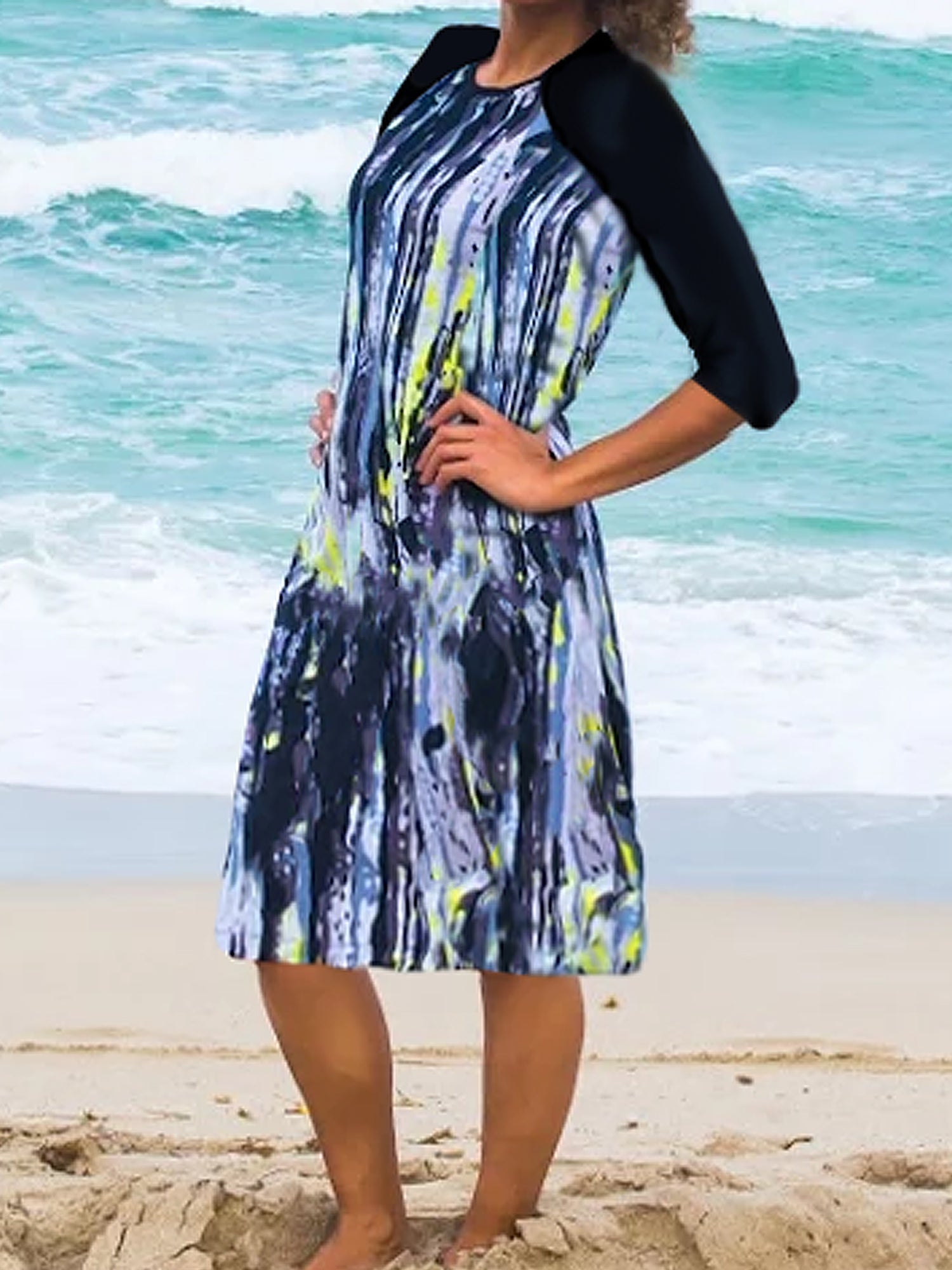 Women's modest long sleeve dress in watercolor print.