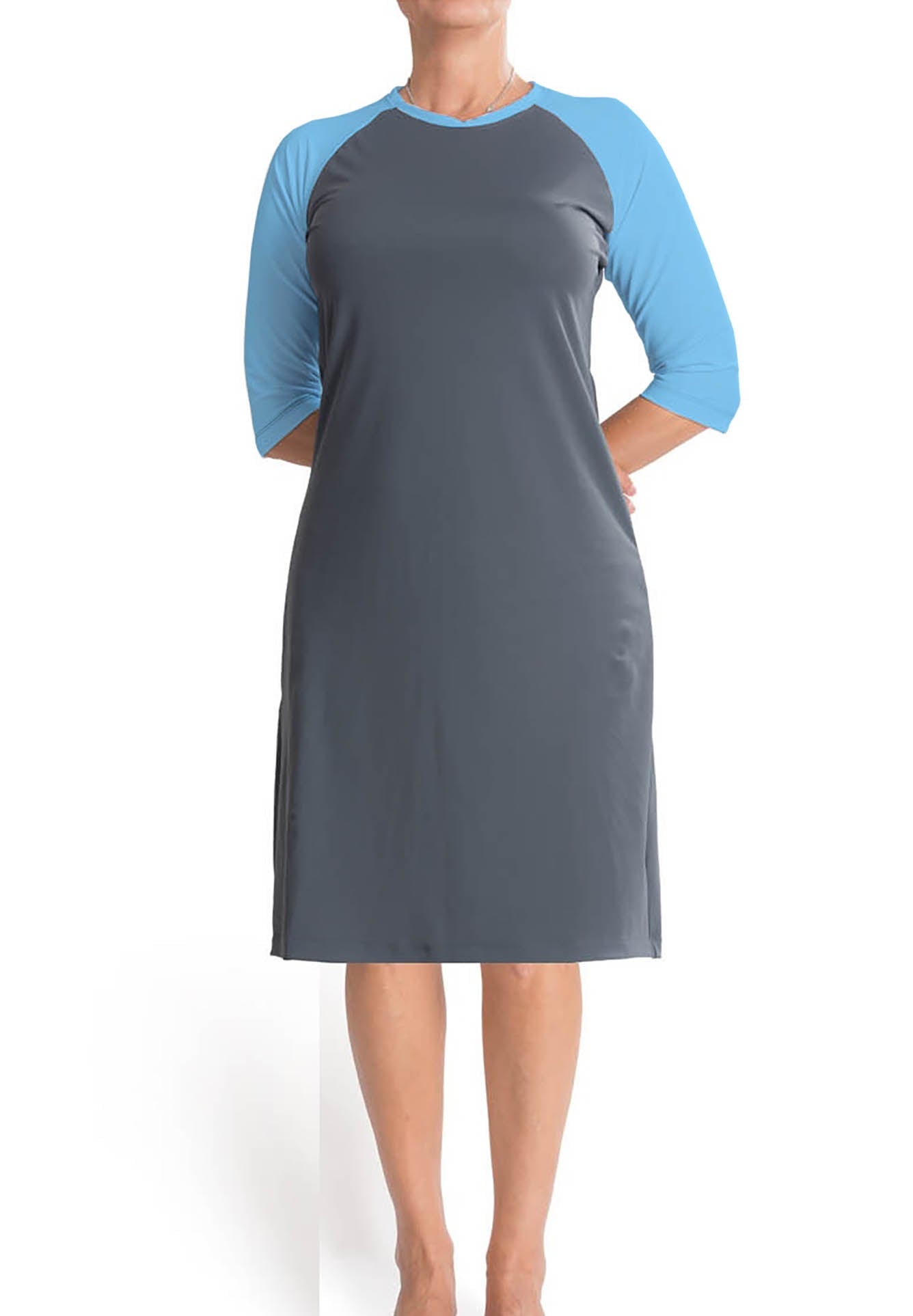 Women's modest swim dress in gray with blue sleeves.