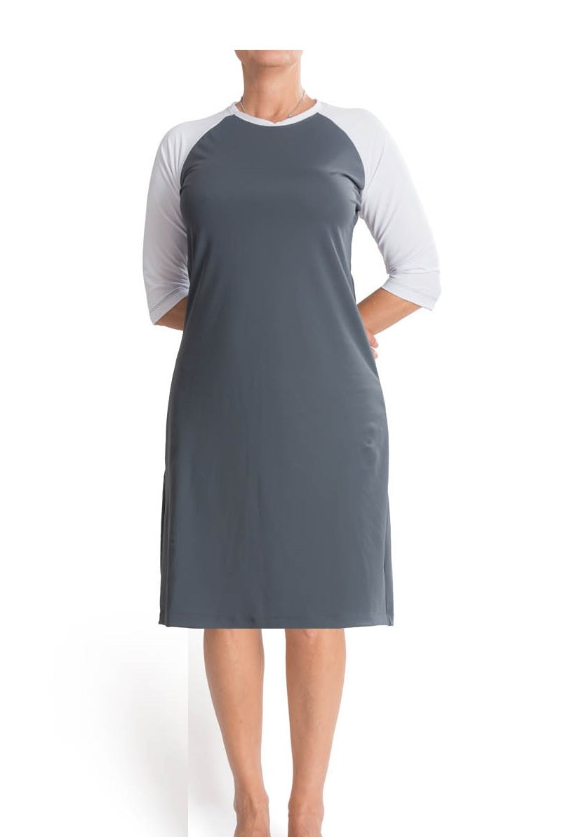 Women's modest swim dress in solid grey with white sleeves.