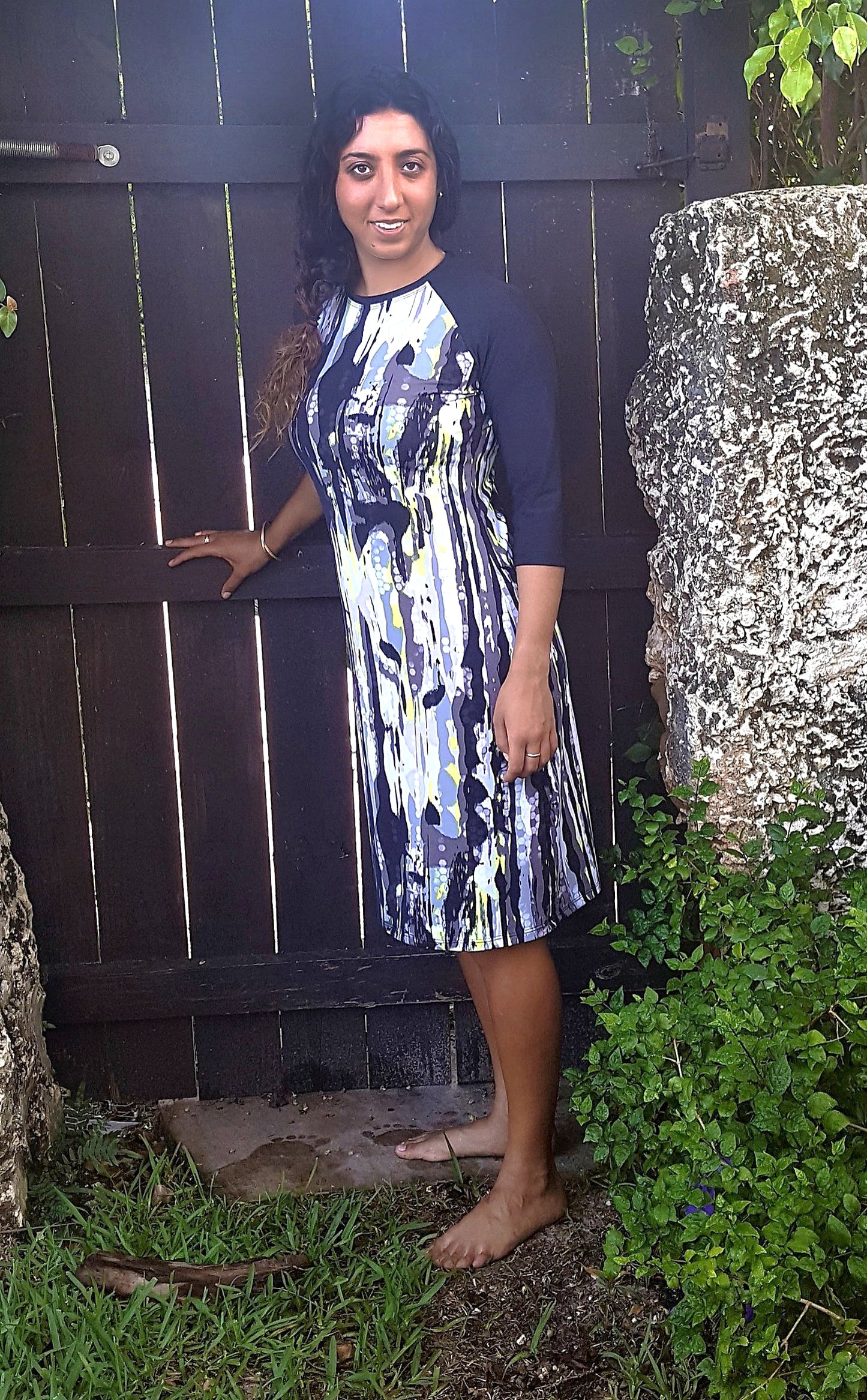 Women's modest long sleeve dress in watercolor print.