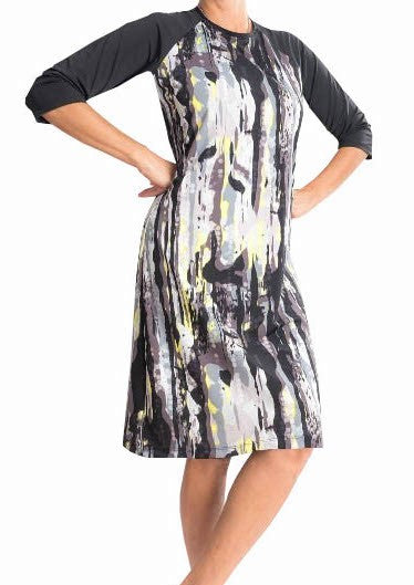 Women's modest long sleeve dress in watercolor print.